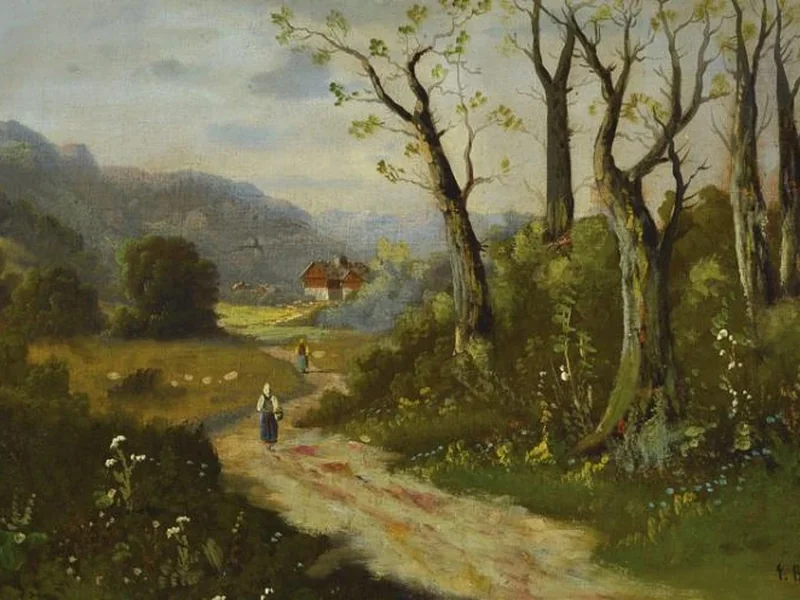 1864-Charles Basing - Paesaggio con contadini di ritorno